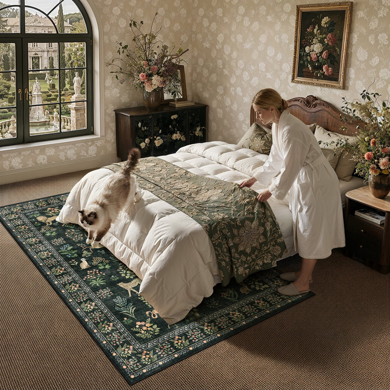 Tapis lavable Elyra Forêt-Noire à motif d'animaux avec envers antidérapant, Rectangle 5 pi x 7 pi