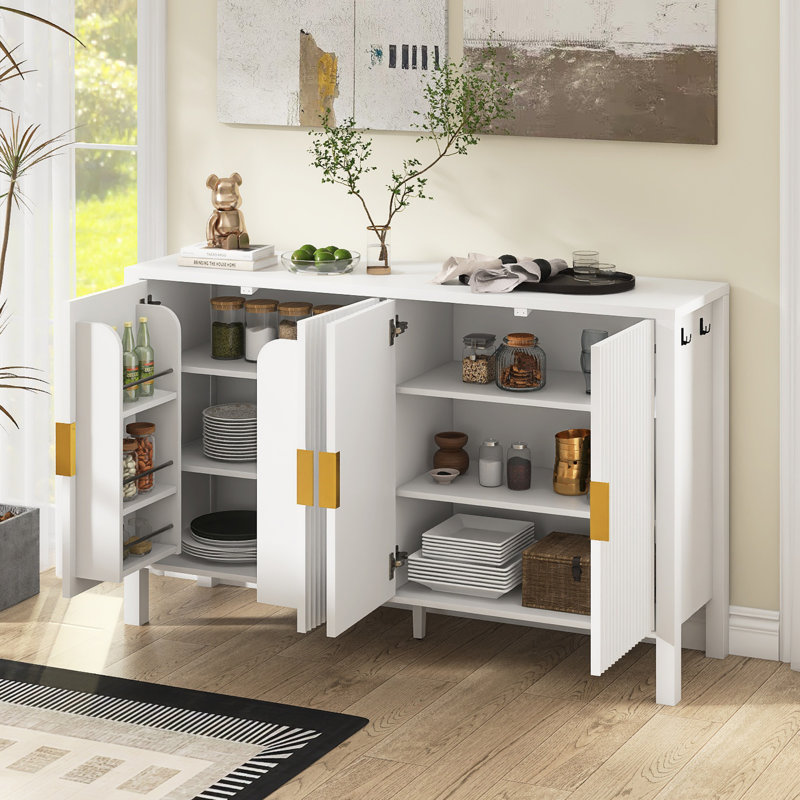 57.5" W Mordern Sideboard With Racks,Adjustable Shelves And Hooks, White