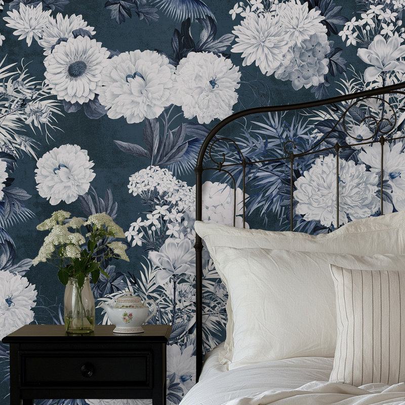 Luxury Floral Japandi Wallpaper, Navy