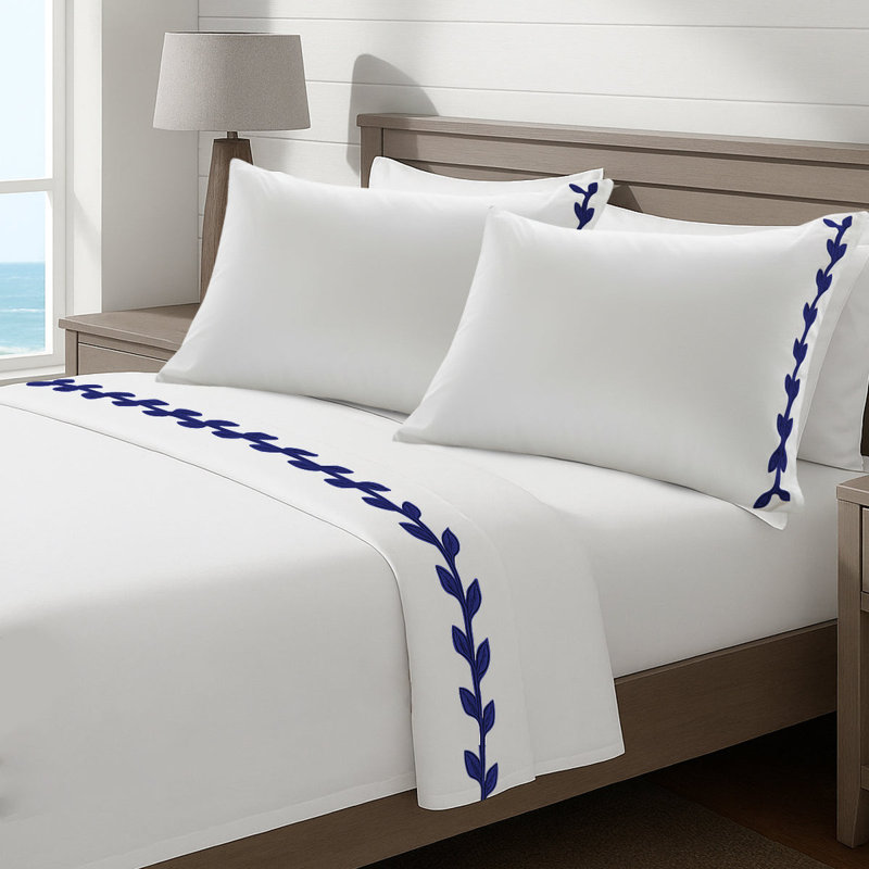 Layered Leaf Applique Cotton Sheet Set, Queen Fitted Sheet, Navy Blue/White