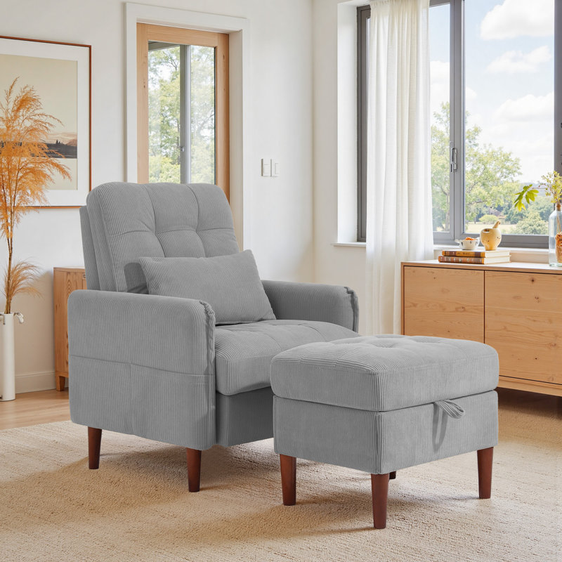 Upholstered Armchair with Footstool, Grey