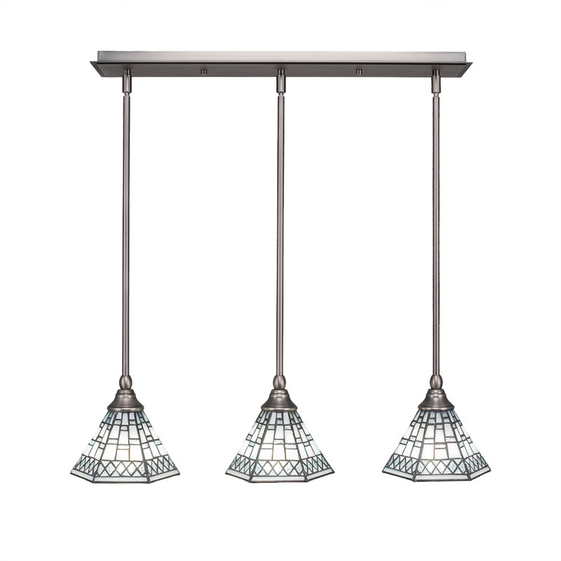 Luminaire suspendu linéaire à 3 lumières suspendu au fini nickel brossé avec verre d'art étain de 7 po