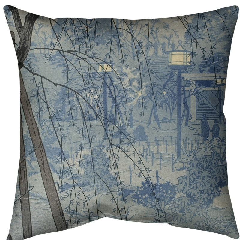 Coussin Misty Evening at Shinobazu Pond, 18 po x 18 po, Bleu, Faux lin