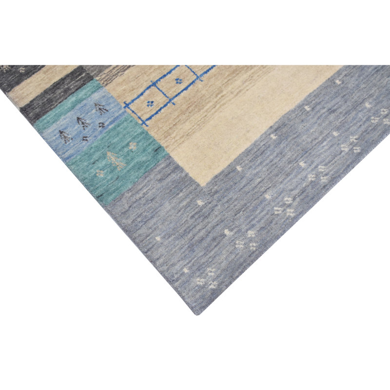 Hand Knotted Wool Striped Area Rug in Silver/Light Blue/Yellow, Rectangle 4' x 6'