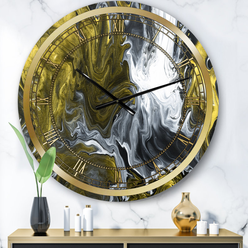 Horloge murale moderne blanche, grise et blanche peinte à la main en marbre I, Jaune, Moyen