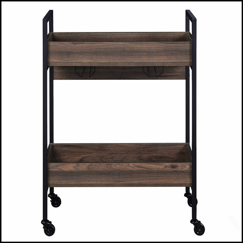 Chariot de service en noyer et noir avec 2 tablettes, plateau en mélamine durable pour une réception élégante et fonctionnelle