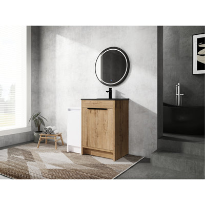 Meuble-lavabo autoportant avec lavabo et rangement en céramique noire - élégant, porte, contreplaqué 36 po, style contemporain, fermeture en douceur