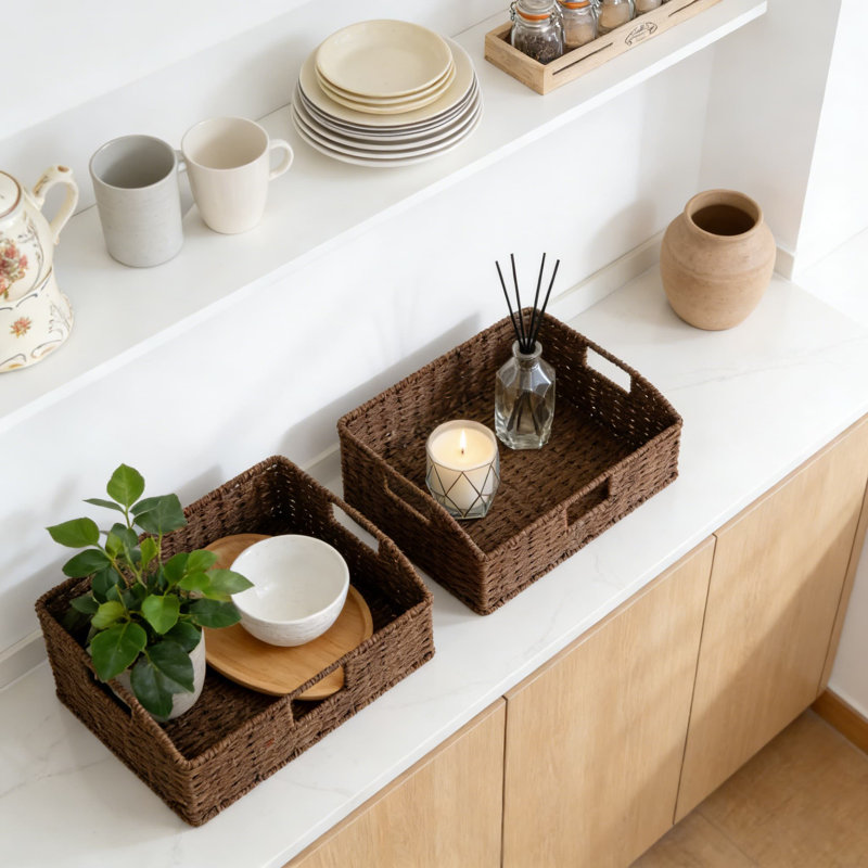 Handwoven Paper Rope Storage Baskets With Wooden Handles, 2-Pack Wicker Organizer Baskets For Pantry, Kitchen, Shelves And Home Decor