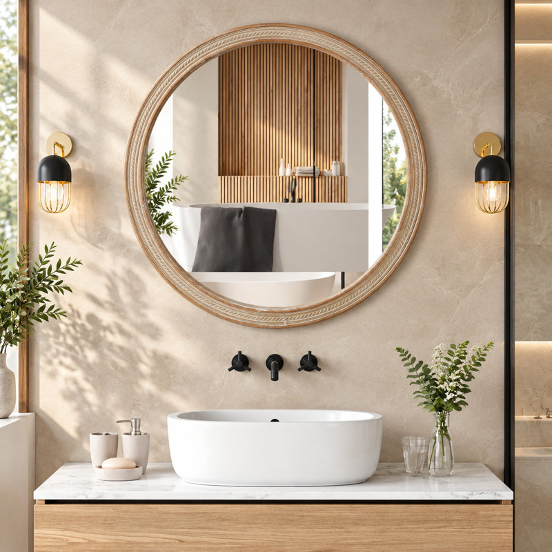 Miroir mural rond rond avec cadre en rotin tissé, Bois naturel