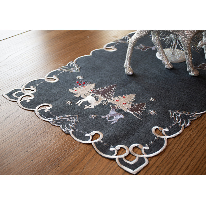 Judeen Silver Reindeer Dark Grey Table Runner (16" x 33")