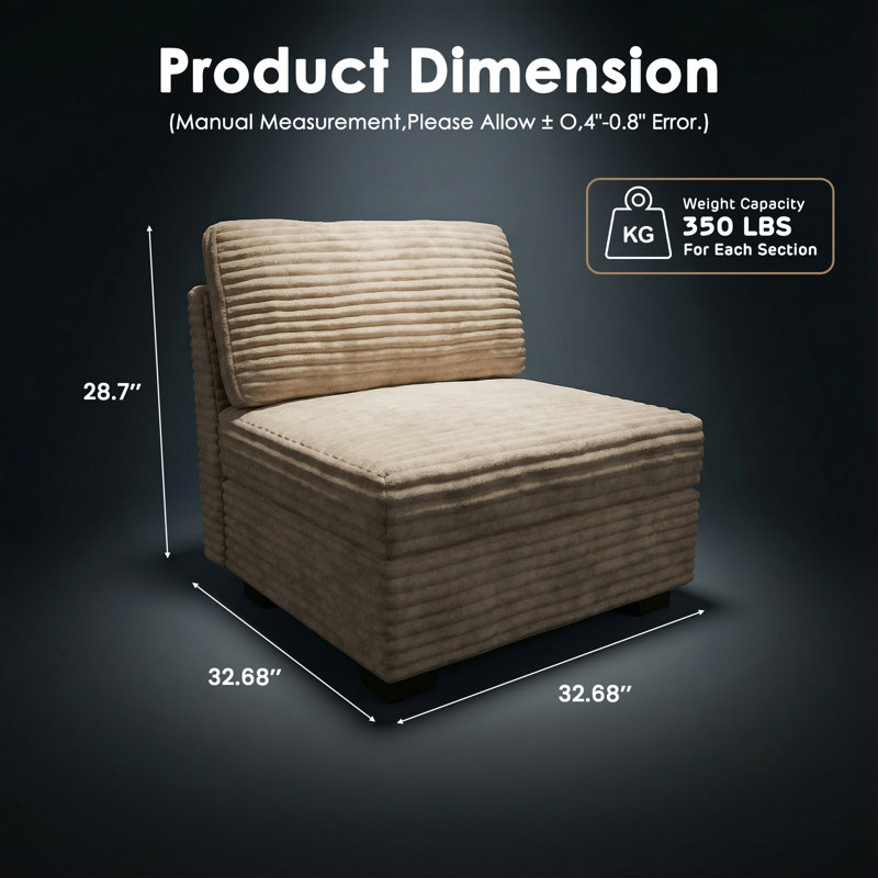 Fauteuil d'appoint sans accoudoirs modulaire confortable, grand fauteuil de lecture avec revêtement en velours côtelé moelleux
