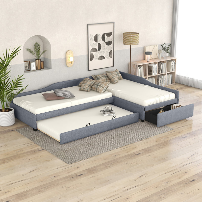 Upholstered Double Daybed with Trundle and Drawer, Gray