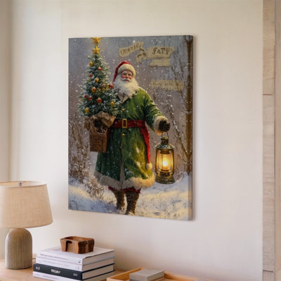 Toile une figure joyeuse vêtue d'un manteau vert traditionnel avec art mural une bordure rouge portant un petit arbre de Noël décoré