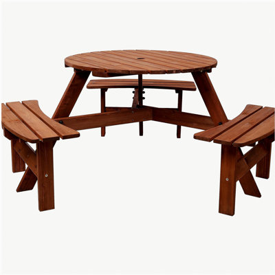 Table de pique-nique en bois avec 3 bancs intégrés, table de pique-nique pour 6 personnes avec trou pour parasol, table de salle à manger de camping pour la cour du jardin