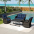 Ensemble de patio extérieur en osier pour 4 personnes avec causeuse, chaises, table basse et coussin noirs