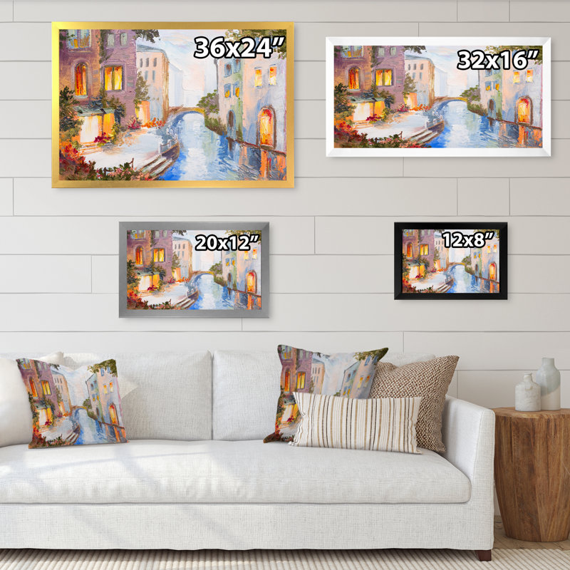 Summer Canal In Venice - reproduction d'art sur toile, Toile avec cadre noir, H 12 po x l 20 po x P 1 po