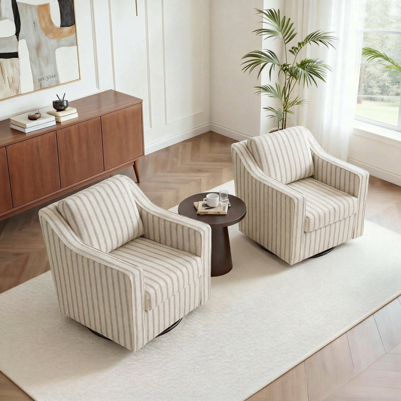 Bronnen Big And Wide Upholstered Pinstripe Gray Cushion Swivel Armchair with Removable Back and Seat Cushion (Set of 2)