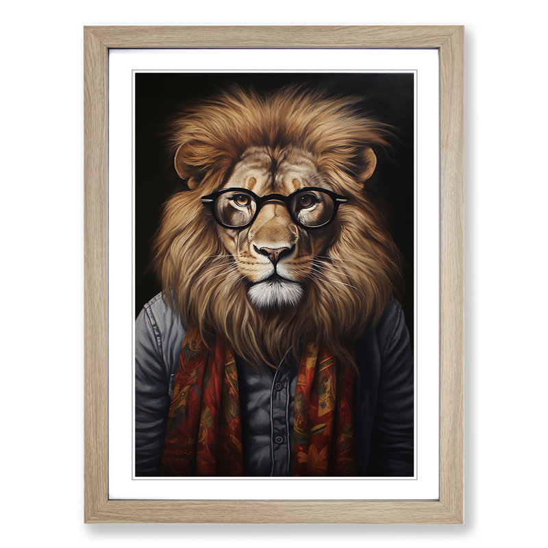 Lion With Glasses - Single Picture Frame Print on Wood, Oak, 64cm H x 46cm W x 2cm D