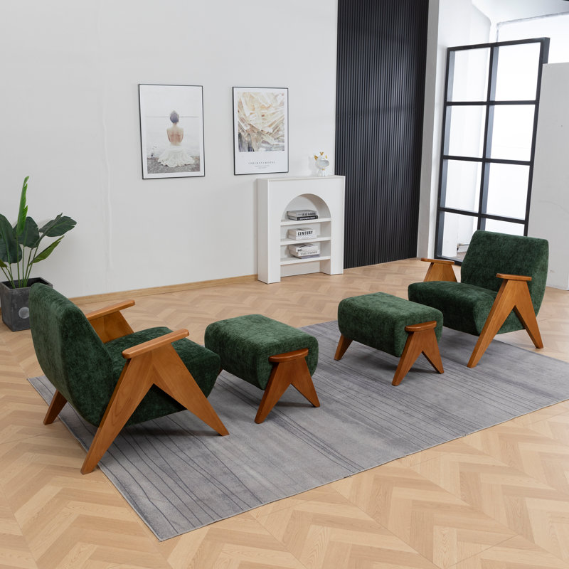 Upholstered Chenille Armchair With Footstool, Green, 2