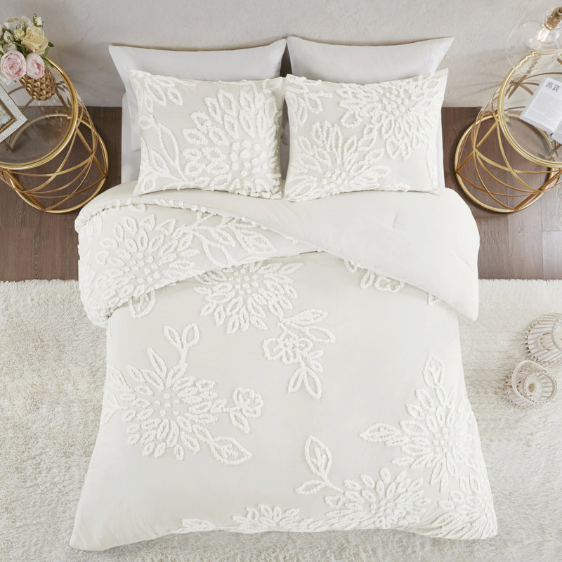 Édredon 3 pièces en chenille de coton, Blanc cassé, Édredon pour très grand lit + 2 taies décorativ
