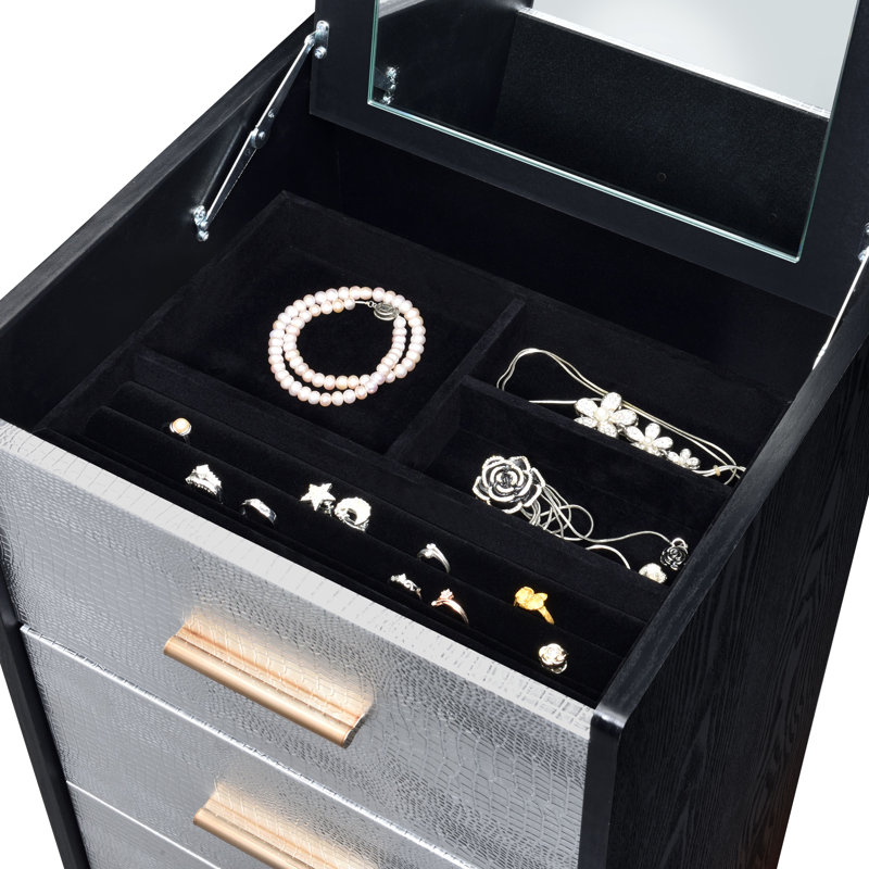 Myles Contemporary Rectangular 4-Drawer Jewelry Armoire with Metal Legs, Black/Silver/Gold
