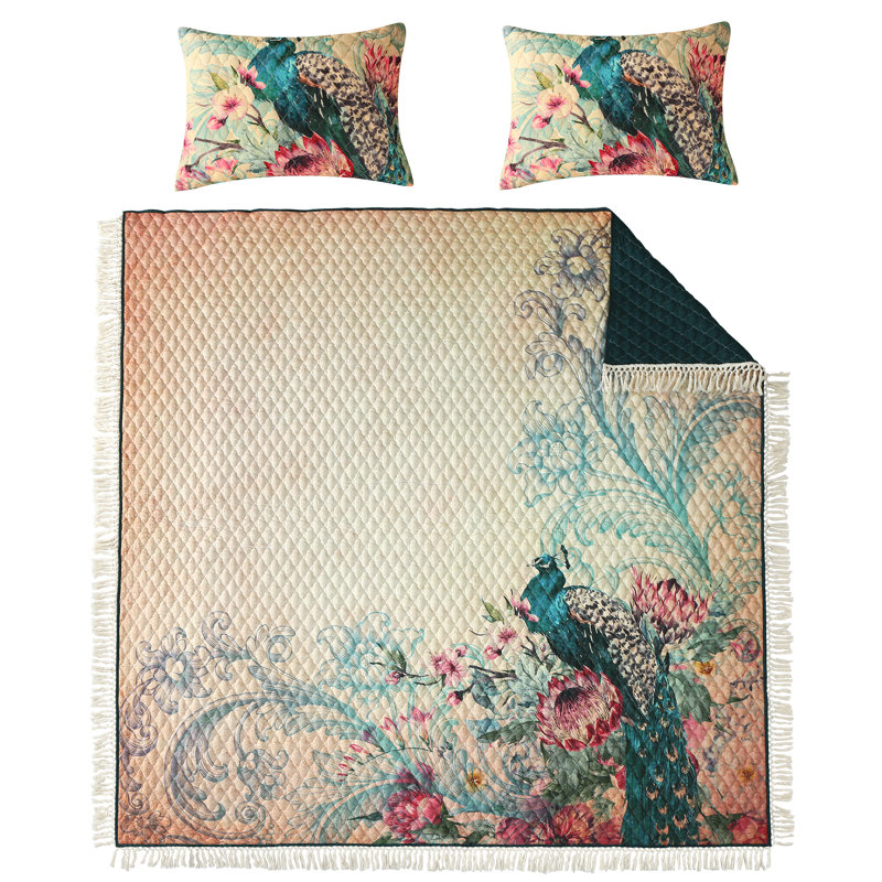 Eden Peacock King Microfiber Reversible Quilt Set in Black