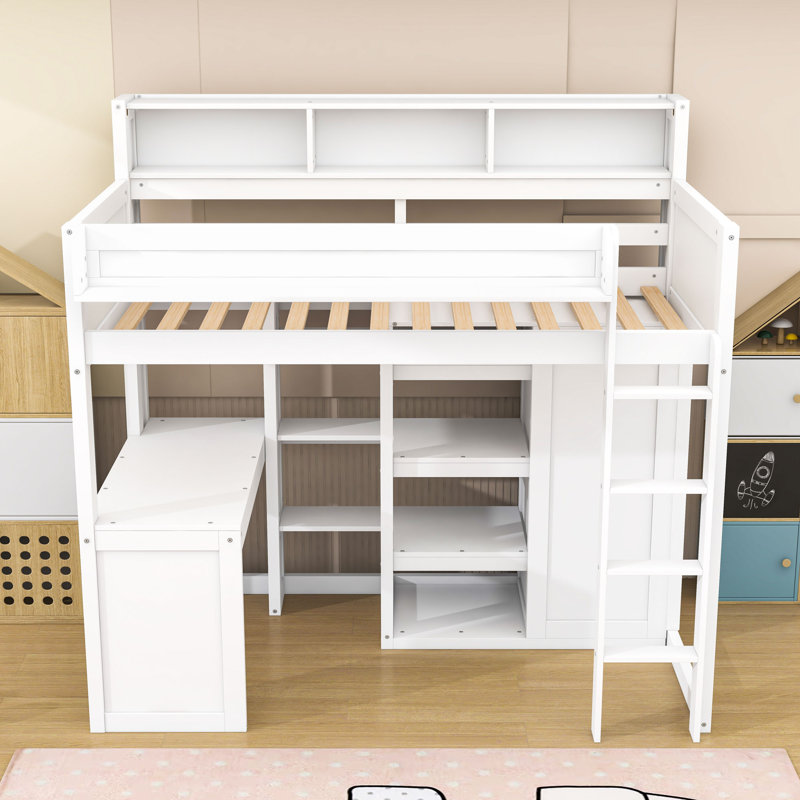 Lit mezzanine simple avec bureau intégré et tablettes, Blanc