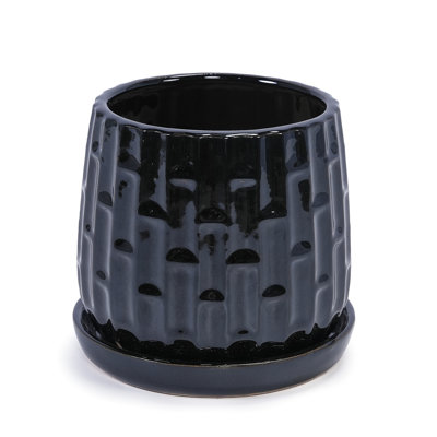 7" Black Glossy Ceramic Planter , For Patio, Garden, Windowsill, Drainage Hole Ensures Root Growth And All - Weather Use Of 2, Modern Flowerpots, For Outdoor Indoor Windowsill With