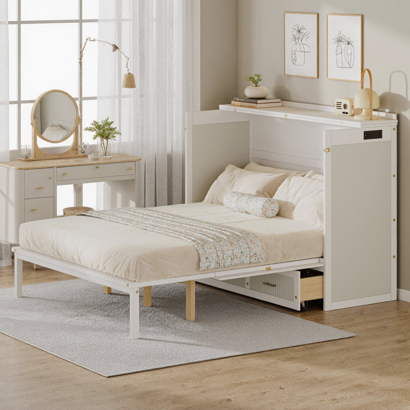 Lit escamotable multifonctionnel Joule Queen Size avec station de charge USB et Type-C, lit mural pliable vertical avec 3 tiroirs, verrouillage de sécurité et dispositif anti-basculement, lit caché gain de place