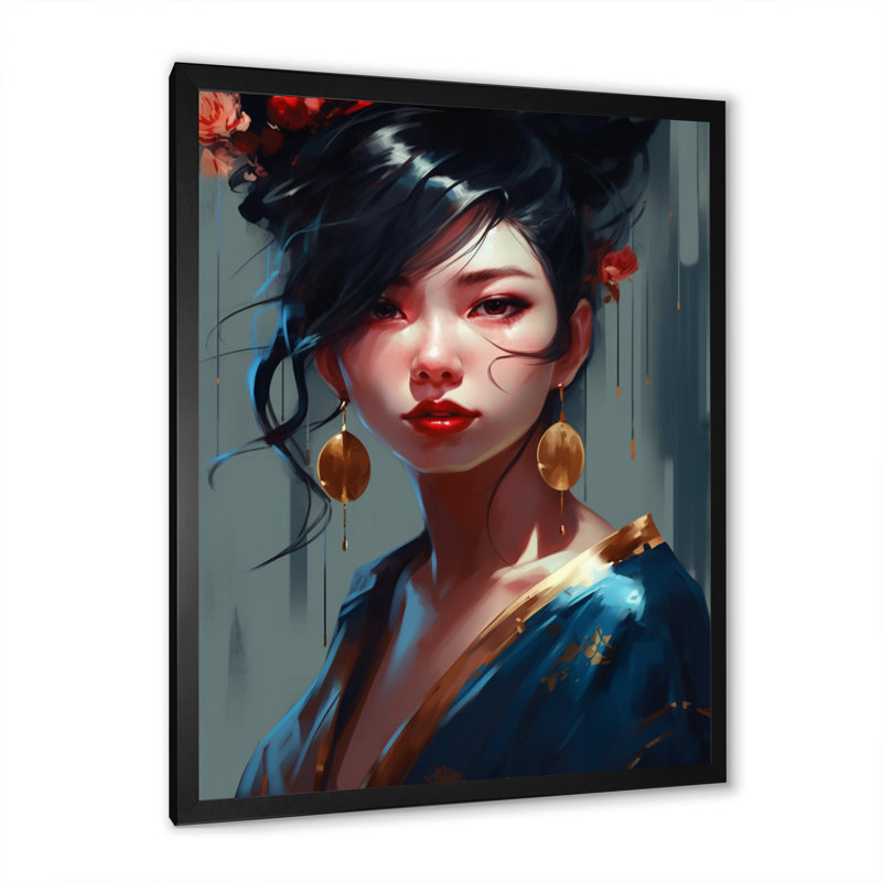 Dame japonaise élégante - peinture sur toile, Cadre photo noir, H 20 po x l 12 po x P 1 po