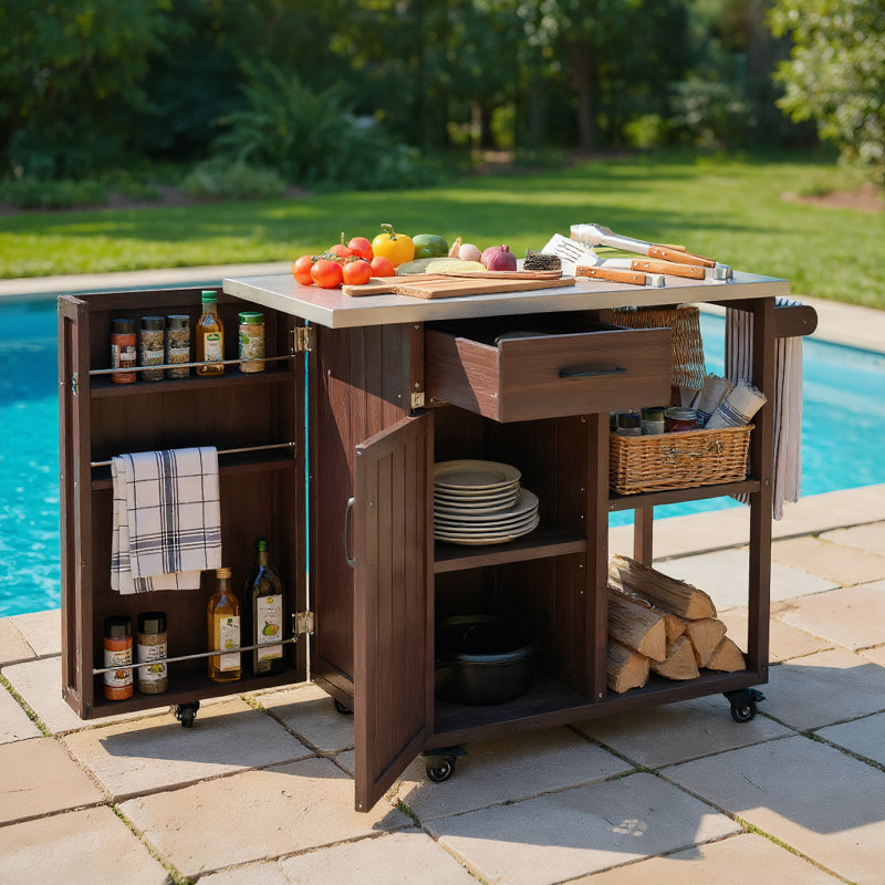 Solid Wood Bar Cart, Foldable Outdoor Kitchen Island, Patio Kitchen Island For Patio And Outdoor, White