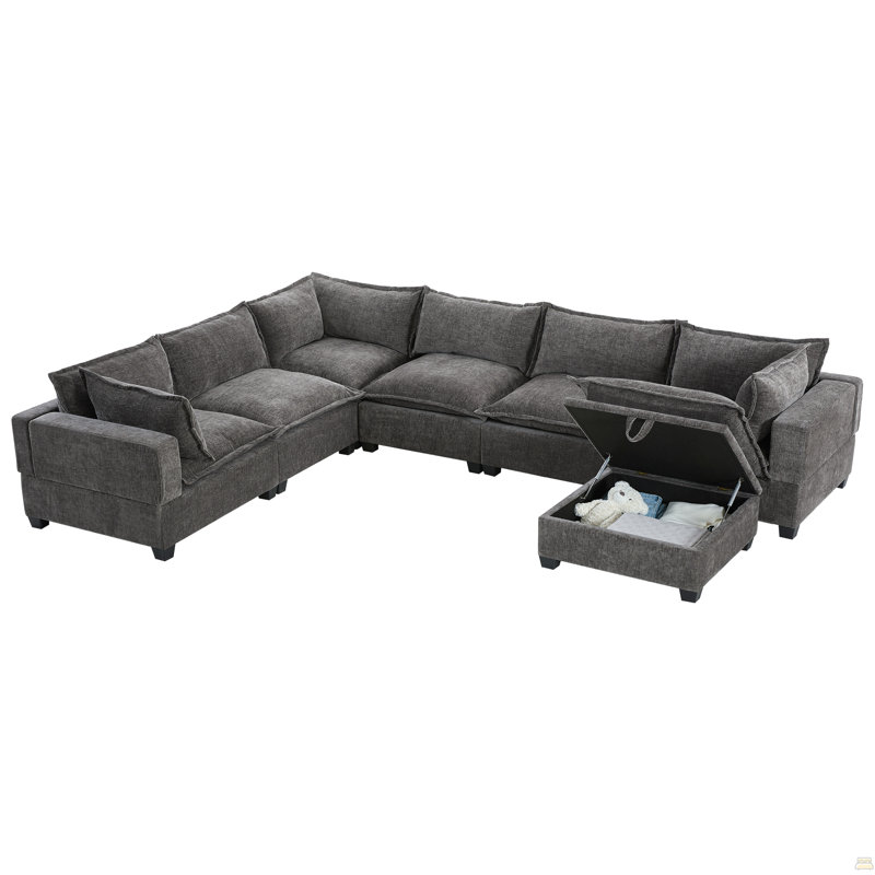 Canapé modulaire de 117,5 po avec repose-pieds mobile et rangement, siège 7 places, Gris