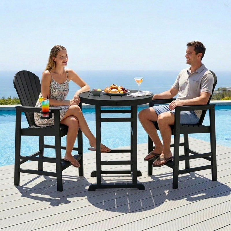 3-Piece HDPE Indoor/Outdoor Bar Height Bistro Set, 31.1" Round Pub Table With 2 Bar Stools, All-Weather Patio Furniture For Balcony, Deck, Poolside & Coastal Use