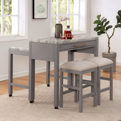 1-Drawer Wood Light Gray Nested Counter Height Dining Table with Wheels