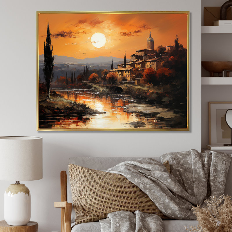 «Italy Tuscan Sunsets I», reproduction d'art sur toile encadrée, Cadre flottant doré, H 30 po x l 40 po x P 1,5 po