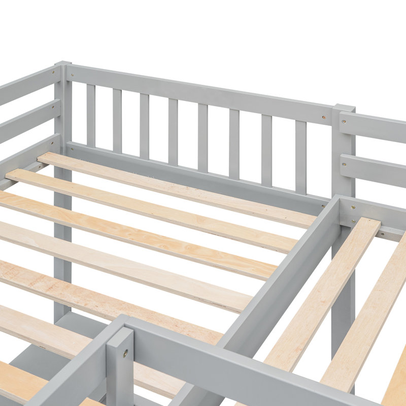 Lit mezzanine simple avec 2 bureaux encastrés en forme de L, bois gris et solution de chambre à coucher simple avec bureau intégré