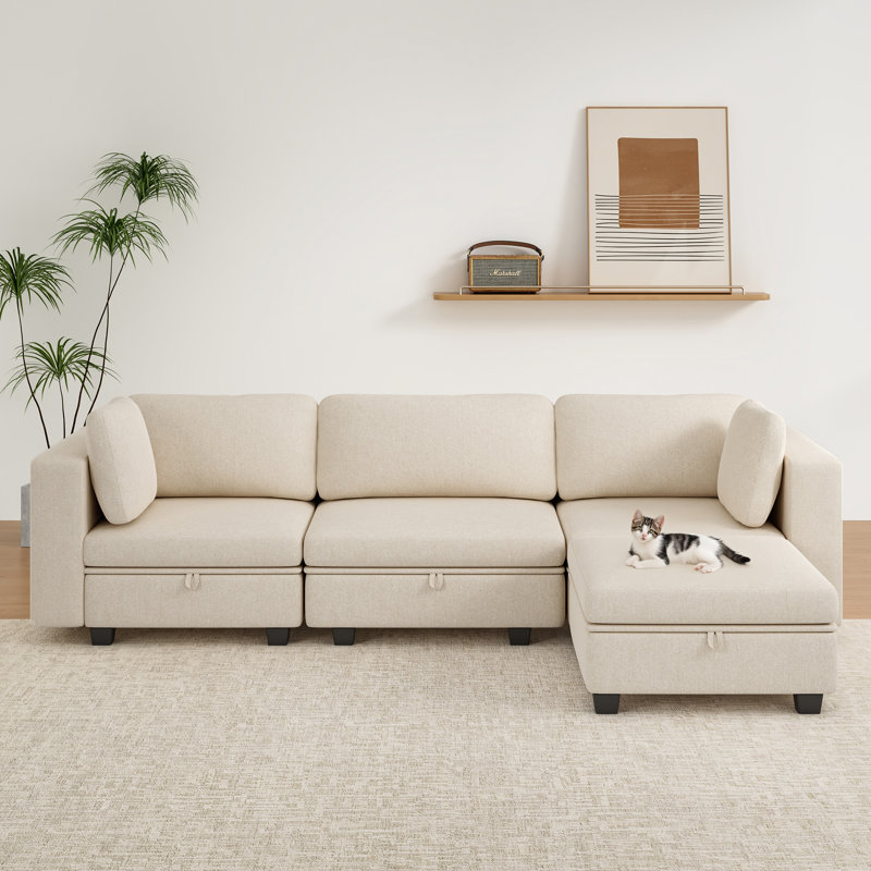 Canapé modulaire surdimensionné en L 110 po avec compartiment de rangement, Tissu beige