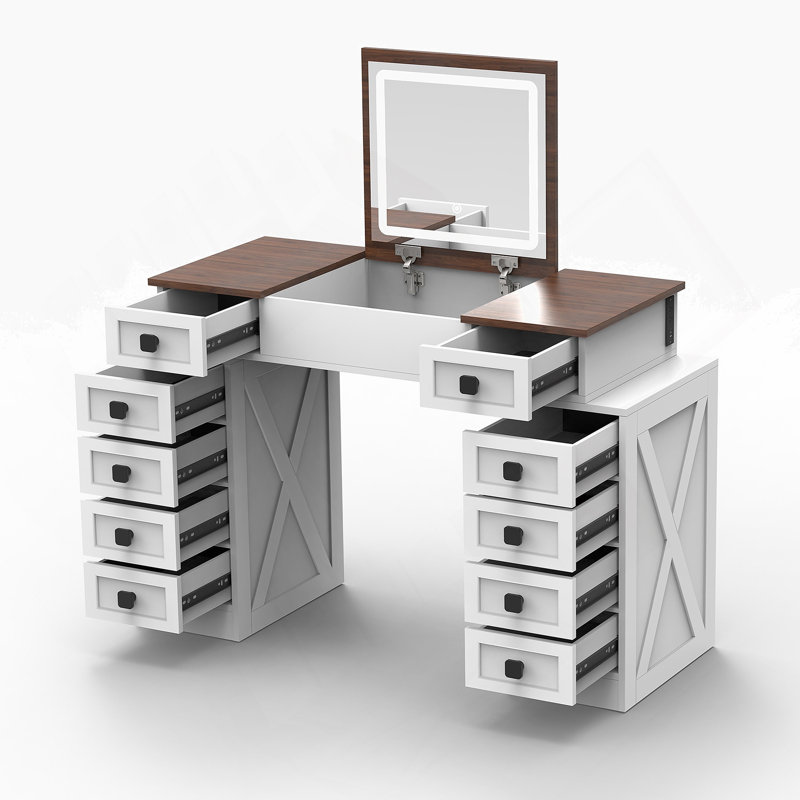 Meuble-lavabo avec éclairage à DEL à intensité variable avec 10 tiroirs, table de maquillage avec miroir rabattable pour économiser de l'espace, grand ensemble de coiffeuse avec rangement