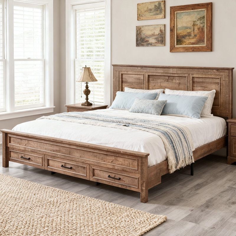 Farmhouse Platform Bedframe, Wood Bed Frame With 52" Tall Headboard, Light Brown, King