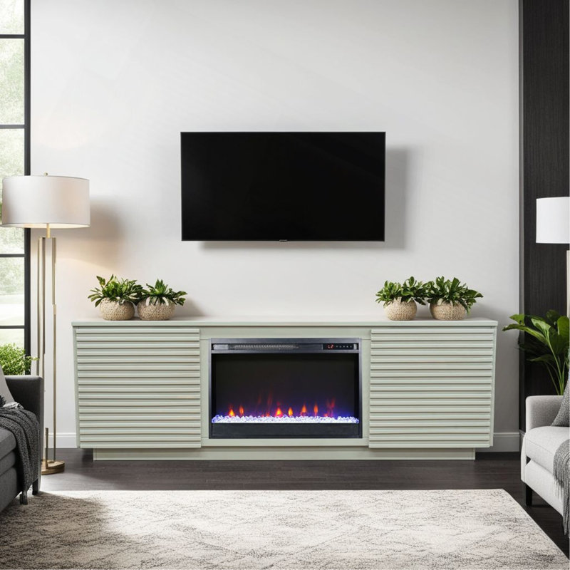 Stella Solid Wood TV Stand with Electric Fireplace for TVs , Gray, 25" H x 73" W x 18" D