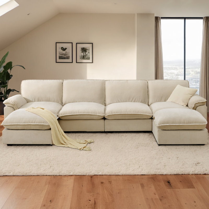 129'' Wide U-Shaped Sofa Sleeper Sofa Comfy Cloud Couch Chenille Upholstered Sofa 6 Seater Sofa For Living Room