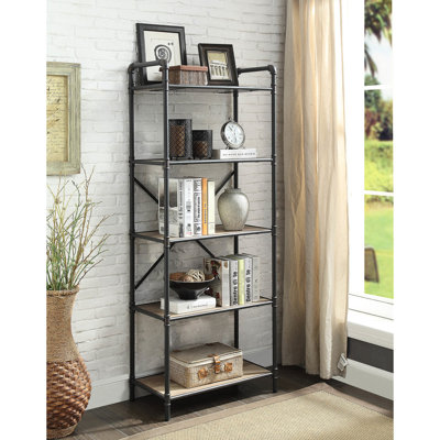 Bibliothèque en chêne antique et gris sableux - Design industriel rustique avec tubes en métal ouverts et tablettes en bois 5 pour le rangement des présentoirs