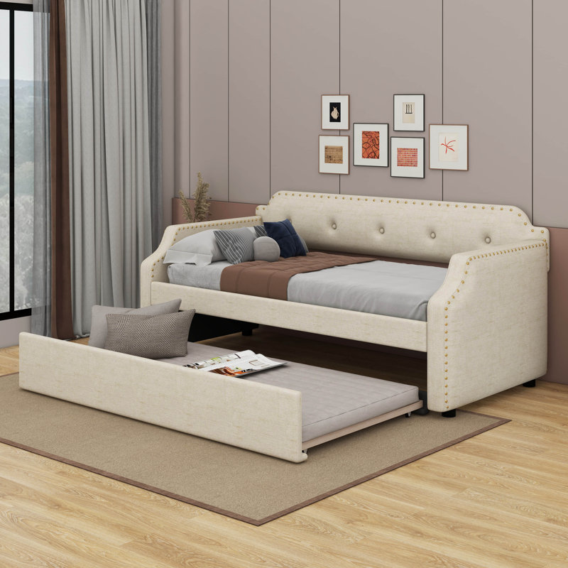 Twin Upholstered Daybed With Trundle, Beige