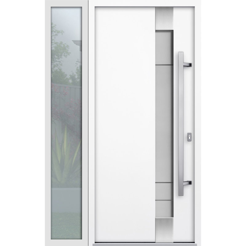 Porte d'entrée extérieure prémontée en acier Deux 1713, émail blanc, fenêtre latérale extérieure noire, inserts en acier inoxydable, style moderne, peinte - L 36 + 12 x H 80 - ouverture à gauche vers l'intérieur