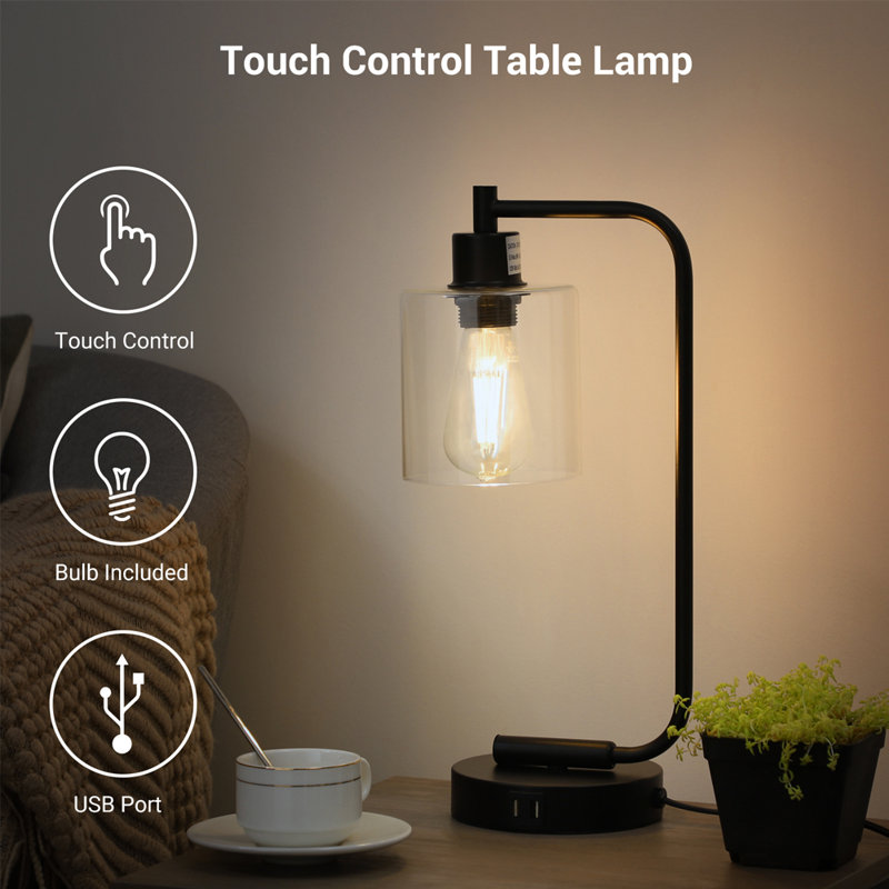 Cloutier 16.3" Dimmable Table Lamp With USB And Touch Control, Black