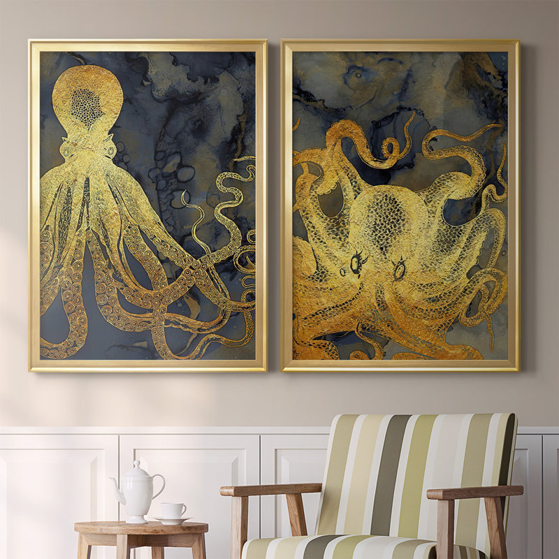 Octopus Ink Gold & Blue I - ensemble de 2 reproductions d'art sur toile encadrées, Or, H 24,5 po x l 37 po x P 1,25 po