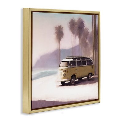 «Yellow Van on Beach», art mural sur toile flottante noire par Noah Bay