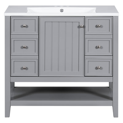 Meuble-lavabo de 36 po avec un grand lavabo rond en céramique, une armoire, trois cloisons amovibles à tiroirs, bois d'hévéa massif et planche, meuble-lavabo peint en gris, autoportant, simple monté au centre, assemblage