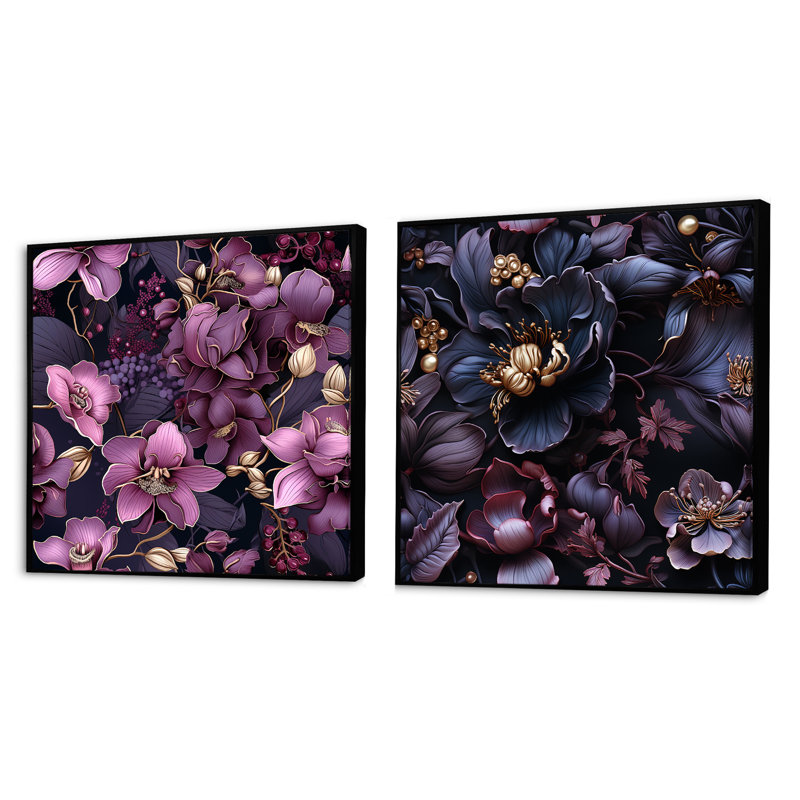 Montelimar - Ensemble de 2 collages floraux carrés, Cadre flottant noir, H 16 po x l 33 po