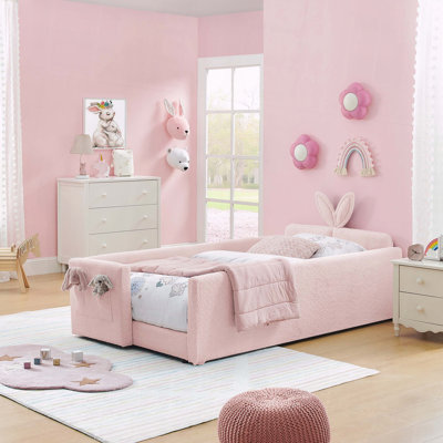 Upholstered Platform Bed Rabbit Ear Headboard Safety Rail